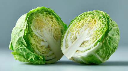 Obraz premium Green fresh cabbage cut in half showing texture and layers