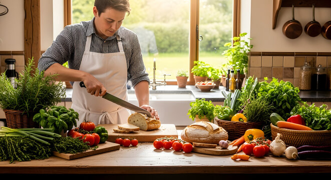 Culinary lifestyle with a man preparing a healthy meal, slicing artisan bread in a kitchen full of fresh organic vegetables. - Powered by Adobe
