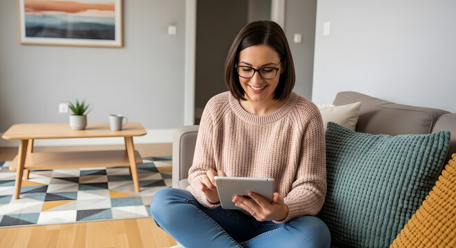 Happy woman in glasses using a tablet computer while sitting on a comfortable sofa in her modern living room