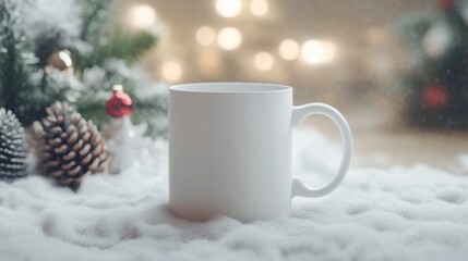 Blank White Coffee Mug on Snowy Background with Pine Cones and Lights