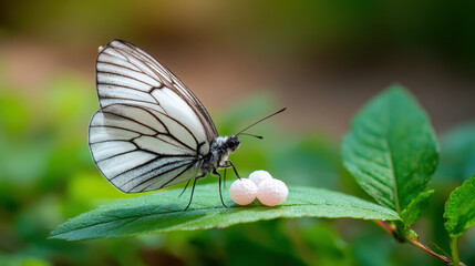 Fototapeta premium White butterfly on green leaf with insect eggs in nature