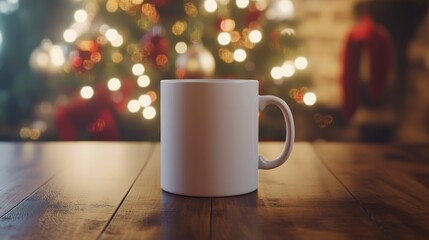 Blank Coffee Mug on Wooden Table with Christmas Tree Background