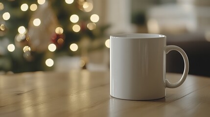 Fototapeta premium Blank White Coffee Mug on Wooden Table with Christmas Tree Background