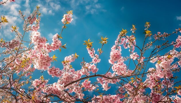 delicate pink flowers on a blossoming tree against a blue sky bloom leaves - Powered by Adobe