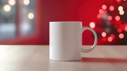 Blank white coffee mug on table with festive bokeh background