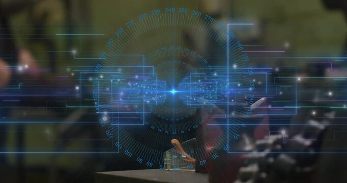Industrial HUD overlay settling around workpiece guiding worker grinding sparks for precise shaping