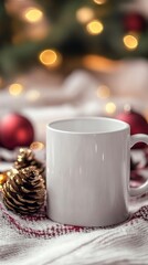 Cozy Holiday Scene with Blank Mug, Pinecones, and Decorations