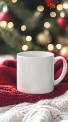 Fototapeta premium Cozy Winter Scene with Blank Mug on Festive Red and White Textiles