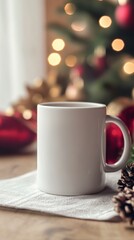 Blank White Mug on Table Surrounded by Christmas Decorations