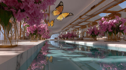 stunning summer courtyard featuring ultrabright flowers and playful animals enhanced by ar interface for dynamic