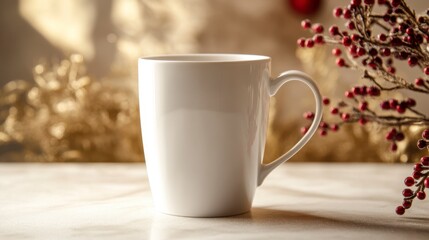 Elegant Empty White Coffee Mug with Gold Background and Decor