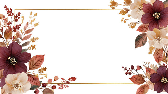 Autumnal floral frame with burgundy and cream flowers, gold border, and transparent background. Perfect for fall invitations or autumnal designs, PNG