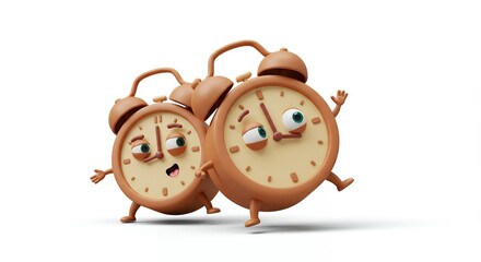Cartoon alarm clocks with expressive faces representing time and activity
