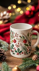 Festive Coffee Mug with Christmas Decorations on Wooden Table