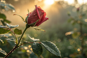 Single Red Rose Bud in Golden Morning Light with Dewy Petals