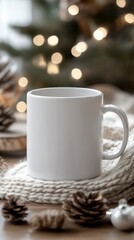 Blank White Coffee Mug on Cozy Knitted Background with Pine Cones