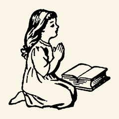 Young Girl Praying Beside Open Book.
