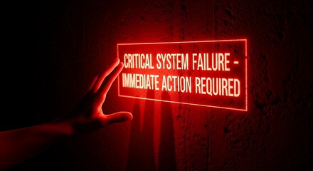 Critical system failure warning sign on a wall with a hand reaching for it.