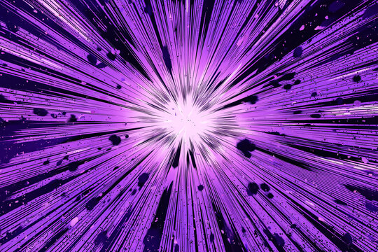 Pop art style background in the form of a purple explosion with white light. halftone and spot effect. Abstract illustration in comic style. bright colors of the banner.