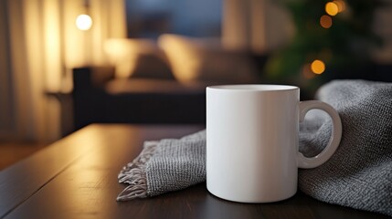 Cozy Morning Scene with White Mug on Wooden Table and Soft Blanket
