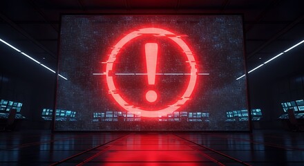 A large screen displaying a red warning symbol in a dark room.