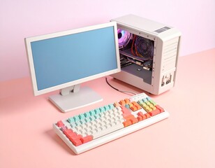 A stylish custom-built PC gaming setup with a colorful mechanical keyboard and blank screen monitor on a pink background.