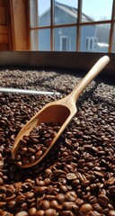 Wooden scoop filled with coffee beans near a window