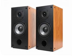 A pair of modern wooden bookshelf audio speakers for a home stereo sound system, isolated on a white background.