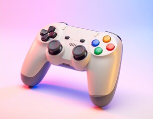 Modern white video game controller with dual analog sticks under vibrant pink and blue neon lighting. Concept of gaming and entertainment.