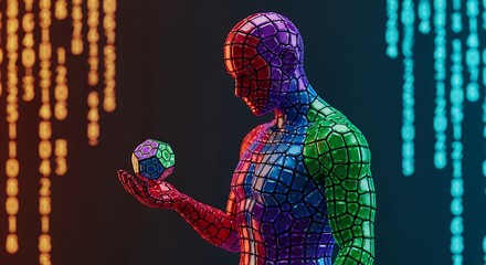 Abstract digital man holding a geometric shape with binary code in the background.