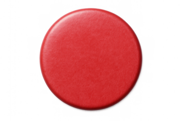 Red promotional pin button positioned against transparent backdrop, offering clean design for marketing message placement