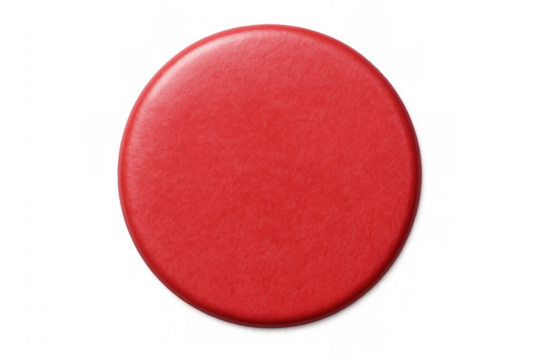 Red promotional pin button positioned against transparent backdrop, offering clean design for marketing message placement