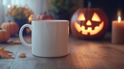 Fototapeta premium Cozy Autumn Still Life with Blank Mug and Halloween Decorations