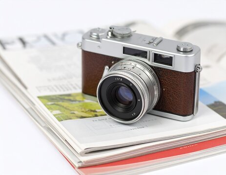 A vintage analog rangefinder camera with a brown leatherette finish resting on a stack of magazines, symbolizing a passion for classic photography and travel.
