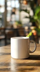 Fototapeta premium White Coffee Mug on a Wooden Table in a Bright Café Setting