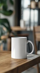 Obraz premium Minimalist White Coffee Mug on Rustic Wooden Table in Cozy Cafe