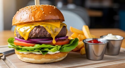 Juicy cheeseburger with crisp lettuce, red onion, tomato, and fries ready to enjoy at lunch time