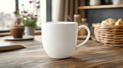 Fototapeta premium White Ceramic Mug on Wooden Table in Bright Cozy Environment