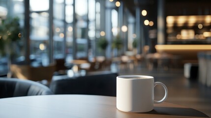 Cozy Coffee Cup in Modern Cafe with Soft Lighting and Blurred Background