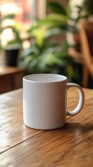 Fototapeta premium Minimalist White Coffee Mug on Rustic Wooden Table in Sunny Cafe