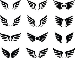 A collection of twelve black and white wing designs. A set of stylized vector graphic icons for logos and emblems.