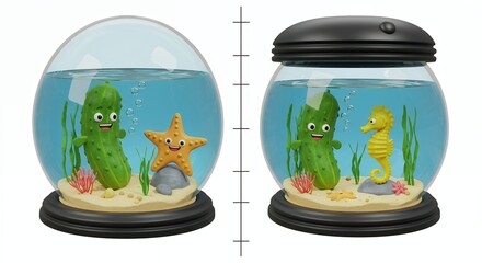 Cute cartoon sea creatures in miniature aquariums