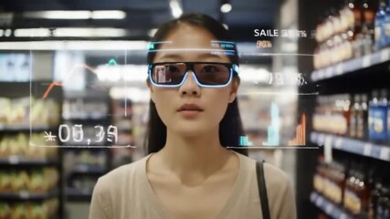 Woman wearing augmented reality glasses in a grocery store aisle looking ahead - Powered by Adobe