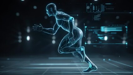 Digital Runner: An athletic figure, rendered in sleek digital form, sprints with dynamic energy against a backdrop of futuristic data and light. - Powered by Adobe