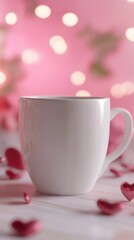 White Ceramic Cup Surrounded by Heart-Shaped Decorations and Bokeh