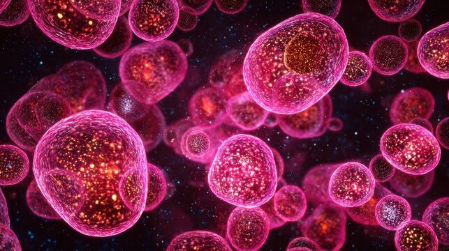Detailed microscopic view of budding yeast cells with luminescent pink membranes flowing inside blood plasma.