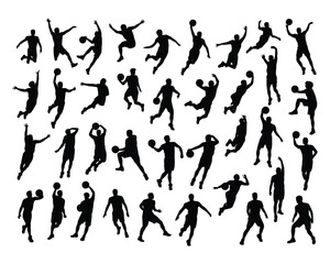 A collection of black silhouette illustrations showing basketball players in various dynamic action poses, isolated on a white background.