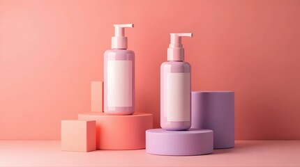 Pastel Cosmetic Bottles on Geometric Platforms in Soft Light Mockup