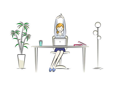 パソコン作業の疲れをストレッチでほぐして息抜きするビジネスウーマン｜ビジネスイラストシリーズ