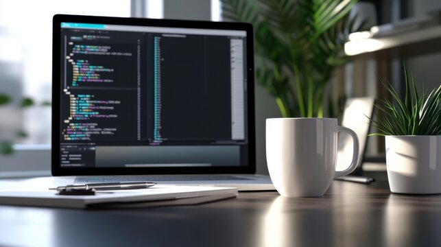 Modern Workspace with Laptop, Code, Coffee Mug and Green Plants